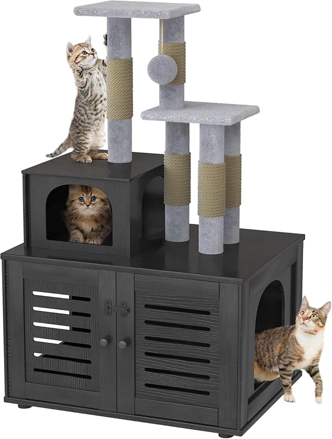 Cat Litter Box Enclosure with Cat Tree Tower 2-in-1 Hidden Pet Washroom Furniture with Scratching Post and Soft Plush Perch Platform Wooden Cat House Divided Condo for Indoor Large Cats Black