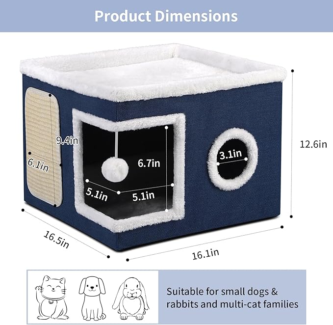 Shikha Cat Beds for Indoor Cats, Large Cat Cave with Cozy Condo, Fluffy Ball, Round Window, Foldable Indoor Cat House Hold Up to 30LBS, Cat Hideaway with Reversible Soft Cushions for All Seasons, Blue