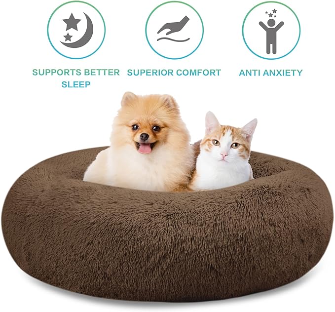 SAVFOX Plush Calming Donut Dog Beds for Small Dogs, Medium, Large & X-Large Breeds, Comfy Cuddler Dog Bed and Cat Bed in Faux Fur, Washable, Multiple Sizes S-XXL