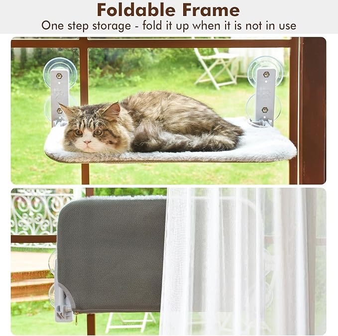 AMOSIJOY Cordless Cat Window Perch, Cat Hammock for Wall with 4 Suction Cups, Anchor&Screw for Two Ways of Installation, Solid Metal Frame and Reversible Cover, Foldable Cat Beds for Indoor Cats