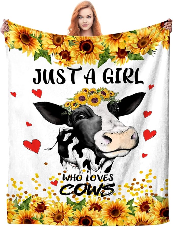 Cow Balnket Sunflower Cow Soft Cozy Flannel Throw Blanket Just a Girl Who Loves Cow Blankets Gifts for Women Kids Adults Teen 60"X 50"