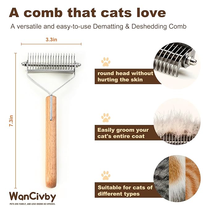 3-in-1Dematting & Deshedding Comb Undercoat Rake for Cats& Dogs,Detangling Matted Fur & Hair Remover Tool Pet Grooming Rake for Shedding and Dematting,Ergonomic beech wood handle (Square Handle)