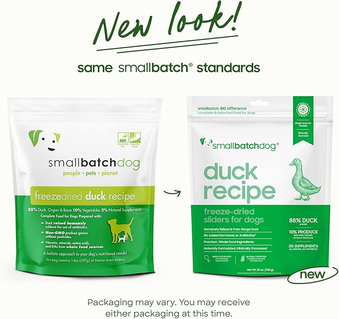 smallbatch Pets Freeze Dried Raw Dog Food, Duck Recipe, 14 oz, Organic High Protein Dog Food, Grain Free, Made in The USA, Humanely Raised Meat, Single Protein, for Picky Eaters, Hydrate & Serve