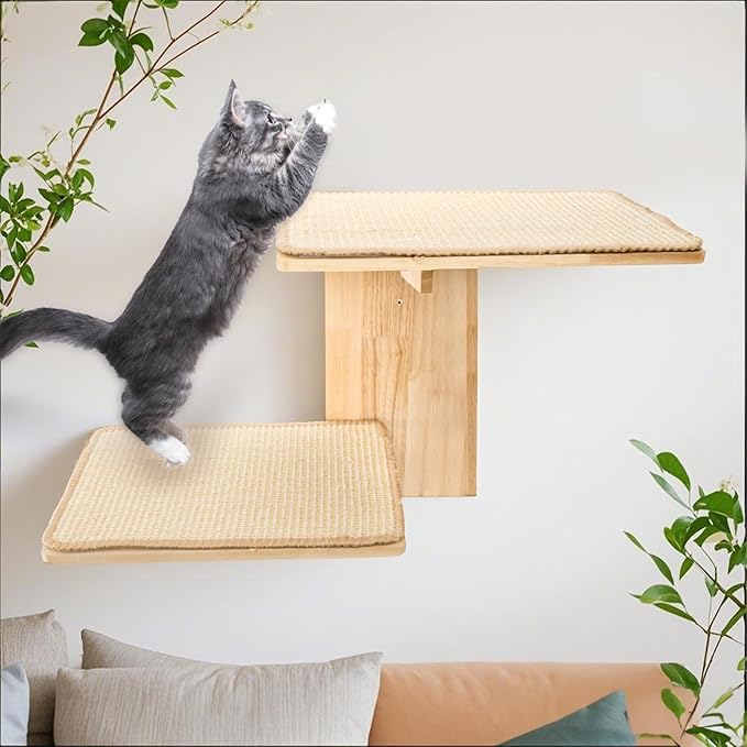 Cat Wall Shelves, Wall Mount Adult Cat Tree with 2 Steps 2 Sisal Scratch Mats, Solid Wood Kitten Perches Pet Climber for Indoor Play, Climb, Jump, Nap, Rest