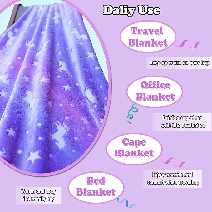 Halloween Unicorn Throw Blanket Glow in The Dark Soft Throw Blanket for Girls Boys with Storage Bag, Gifts for Christmas Birthday Valentines, Kids Blanket, Day Care Home Travel Use, 50"x60" Purple