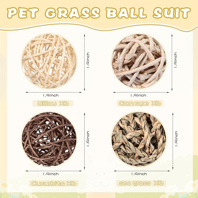 Sosation 24 Packs Guinea Pigs Toys Small Animals Play Balls Chew Gnawing Treats Bunny Toys Hay Grass Balls for Small Animals Entertainment PET Cage Accessories