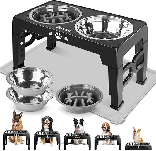 Elevated Dog Bowls, Dog Feeder with 2 Stainless Steel Dishes &1 Slow Feeder Bowl, 5 Heights Adjustable Raised Stand for Medium Large, Food Dishes with Non-Slip Feet
