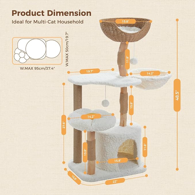 PEQULTI 48.5'' Modern Cat Tree Solid Wood Cat Tower for Indoor Cats with Luxury Cat Condo, Cozy Hammock, Scratching Post, Rattan Perch and Flower Cat Bed for Large Cats Adult, White