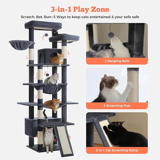 81 Inch Tall Cat Tree for Indoor Cats Large Adult - Multi-Level Cat Tower with Large Metal Frame Hammock, 2-in-1 Scratching Ramp, 2 Top Perches, 2 Cozy Condos & 6 Scratching Posts - Dark Grey