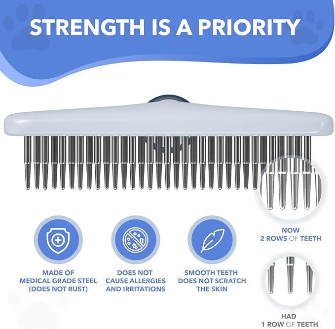Dog rake deshedding dematting Brush Comb - Undercoat rake for Dogs, Cats, matted, Short,Long Hair Coats - Brush for Shedding, Double Row Stainless Steel pins - Reduce Shedding by 90% (Haze Blue)