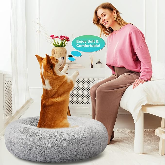 SAVFOX Plush Calming Dog Beds, Donut Bed for Small Dogs, Medium, Large & X-Large, Comfy Cuddler and Cat in Faux Fur, Washable Bed, Multiple Sizes XS-XXL