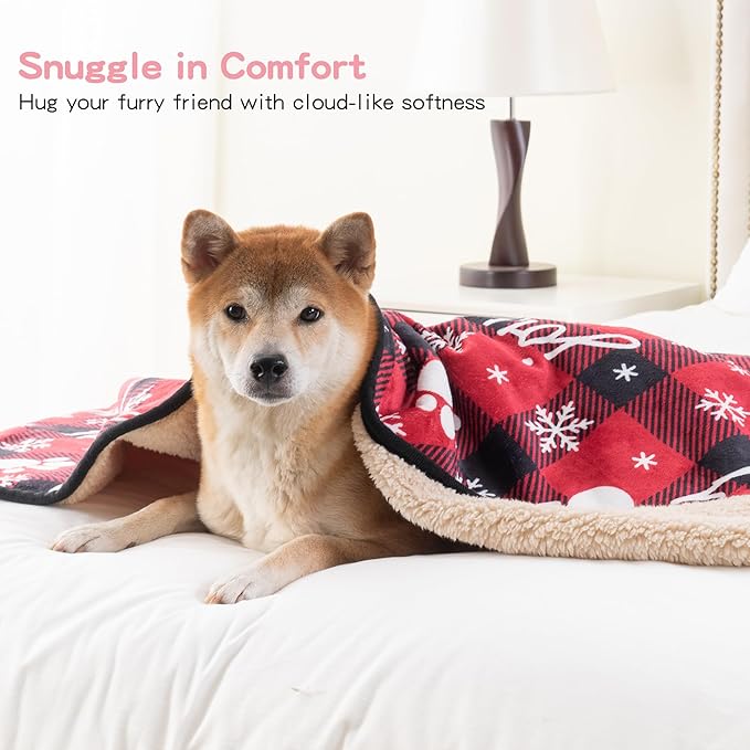 Waterproof Dog Blankets Pet Blanket 50"x60", Soft Fluffy Sofa Car Bed Protector, Reversible Sherpa Fleece Dog Blanket for Large Dogs Christmas Decor(Snow Red)