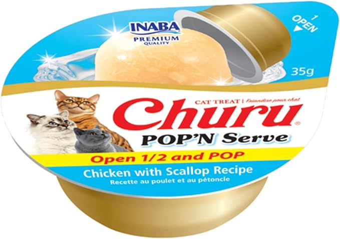 INABA Churu Pop'N Serve Jelly Cat Treat with Vitamin E & Taurine, 1.2 Ounce Cup, 8 Cups, Chicken with Scallop Recipe