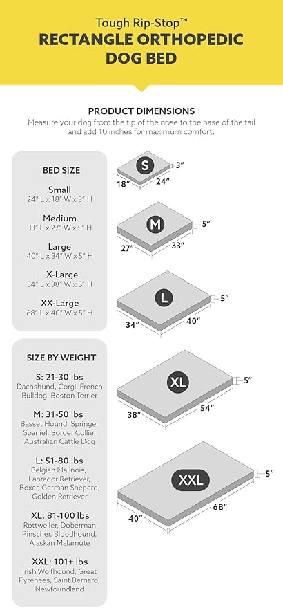 K9 Ballistics Tough Ripstop Orthopedic Rectangle Dog Bed Removable Washable Cover, Solid Orthopedic Foam for X-Large Dogs 54"x38", Obsidian Black