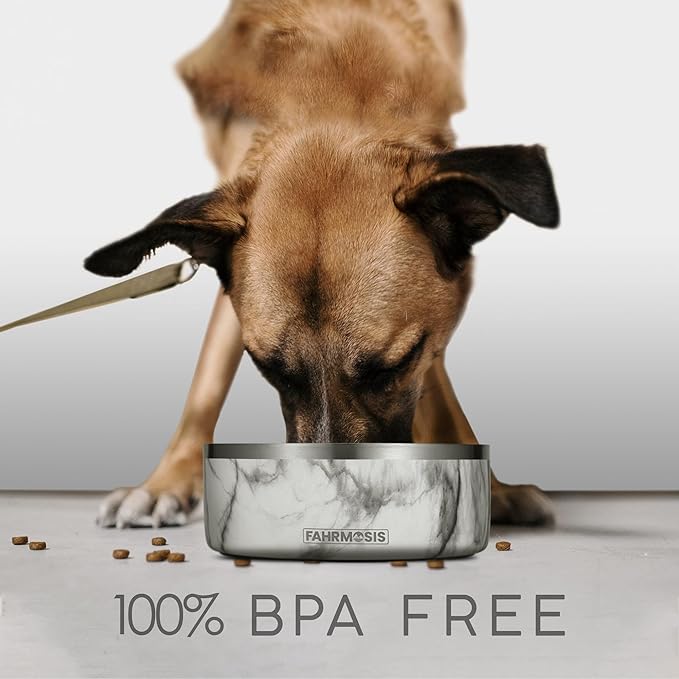 32 Oz Dog Bowl with Slow Feeder Insert Stainless Steel Pet Water Bowl for Medium & Large Breed Non Slip Rubber Base & Plastic Puzzle Feeder - White Marble