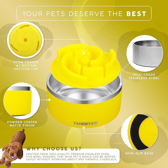 32 Oz Dog Bowl with Slow Feeder Insert Stainless Steel Pet Water Bowl for Medium & Large Breed Non Slip Rubber Base & Plastic Puzzle Feeder - Yellow