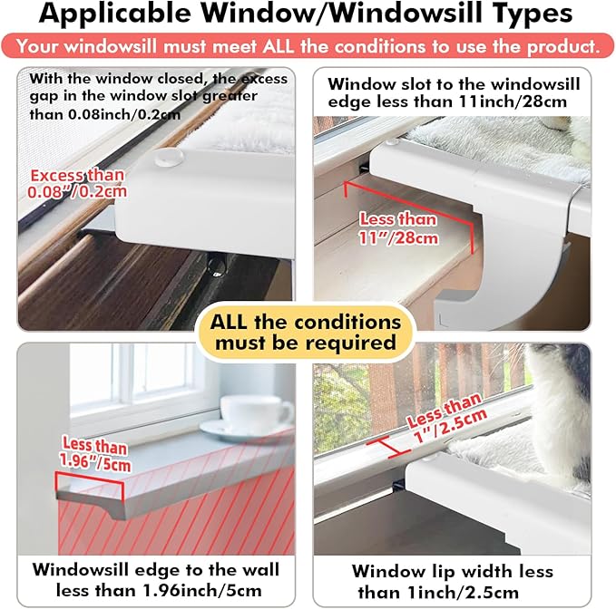 Window Sill Mount Cat Perch for Indoor Cats, One-Step Sliding Clamping Slot Adjustment Cat Hammock with Washable Cover, No Suction Cups Pet Bed for Windowsill & Bedside (Large)