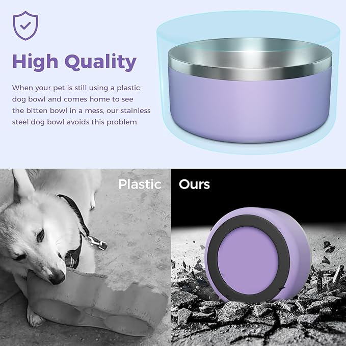 Dog Bowl, Stainless Steel Dog Food and Water Bowl with Non Slip Quiet Bottom, Easy to Clean, Dishwasher Safe, 40oz, Light Purple
