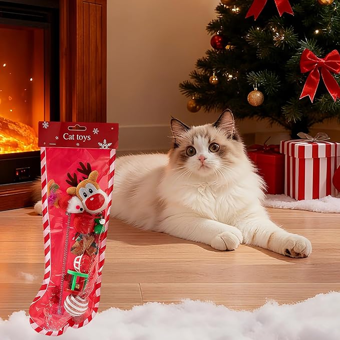 8PCS Christmas Cat Toys, Cat Christmas Stocking Toy Set for Indoor Cats & Kittens, Includes Santa, Reindeer, Balls and Spring Toy, Interactive Cat Chew Toy, Holiday Fun and Active Play