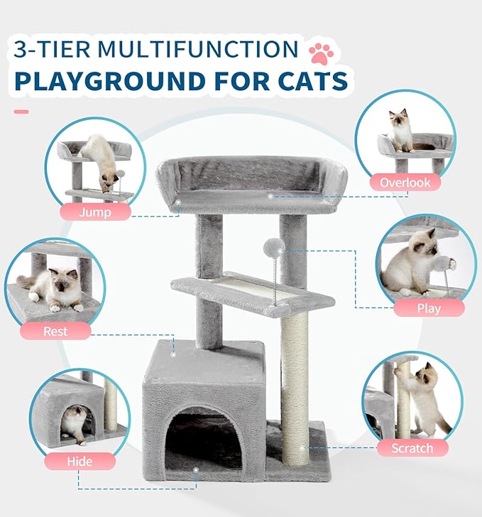 Made4Pets Cat Tree, Carpet Cat Tower Grey for Indoors Cats, Cute Wood Kitty Condo with Scratching Post and Pad, 29" Multi-Level Modern Activity Climbing Furniture for Small and Medium Cats
