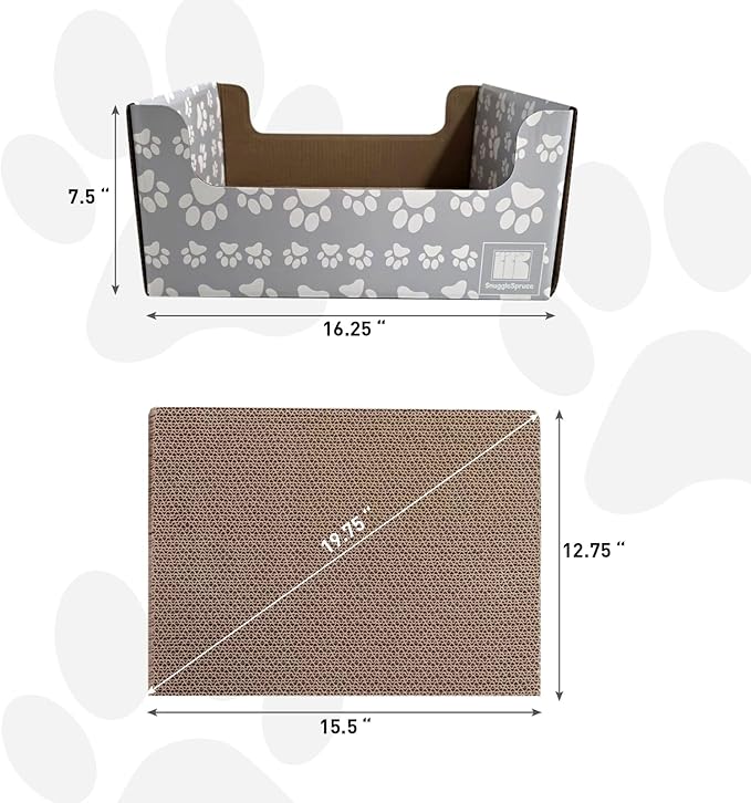 SnuggleSprunce 2-in-1 Cat Scratcher, Heavy Duty Scratching Toy, Eco-Friendly Cardboard Box with Refillable Double Sided Scratch Pad, for Cats and Kitty, Indoor Pet Furniture, Light Gray