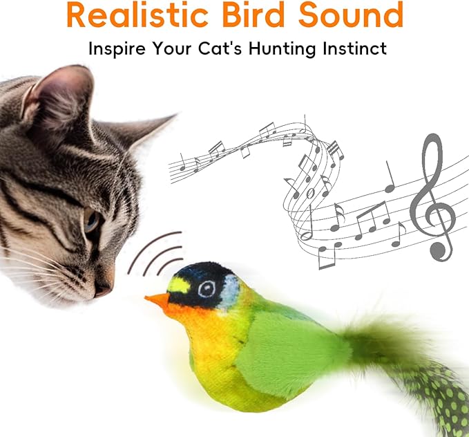 Catnip Cat Toys Satisfy Cat's Natural Hunting Instintion for Indoors Cats Feather Toys Interactive with Lifelike Chirp Sound Chirping Bird Kitten Toy Real Feather(Green Bird)