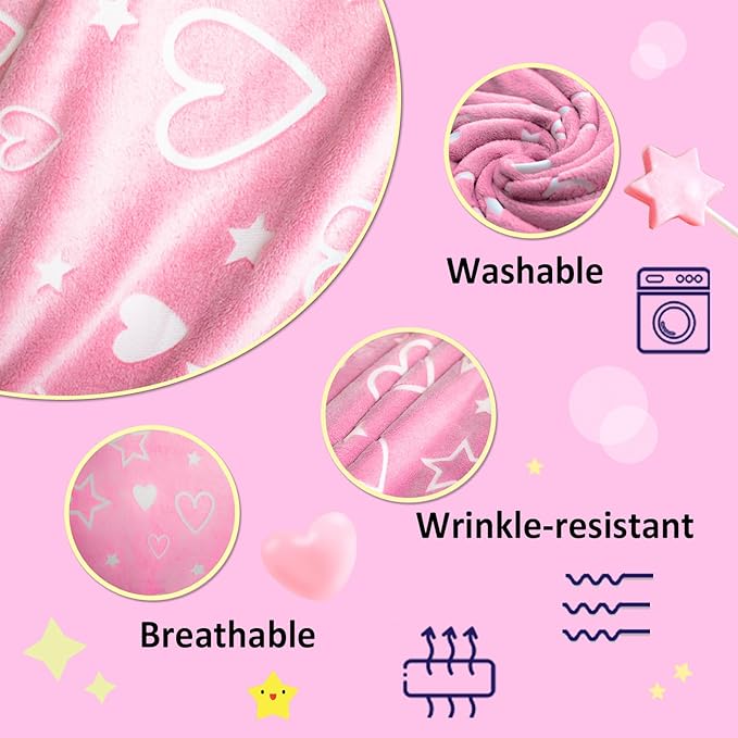 Halloween Glow in The Dark Pink Cute Love Throw Blanket with Storage Bag, Soft Throw Blanket, Girls Blanket, Gifts for Children Ages 1-10, Kids Blanket, Day Care Home Office Travel Use Christmas, Pink