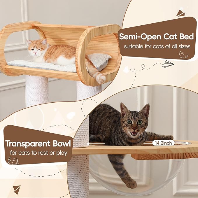 63'' Tall Solid Wood Modern Cat Tree Tower for Indoor Large Cats,Multi-Level Heavy Duty Cat Furniture with Condo Removable Cushion Sisal Scratching Posts Clear Bowl Hammock for Maine Coon