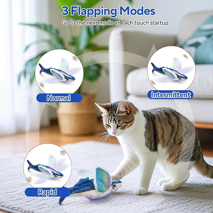 AUSCAT Flappy Fish Cat Toy, Simulated Chirping Floppy Fish Cat Toy Flapping Wings, Rechargeable,Interactive Catnip Toys for Indoor Cats (No Flying)