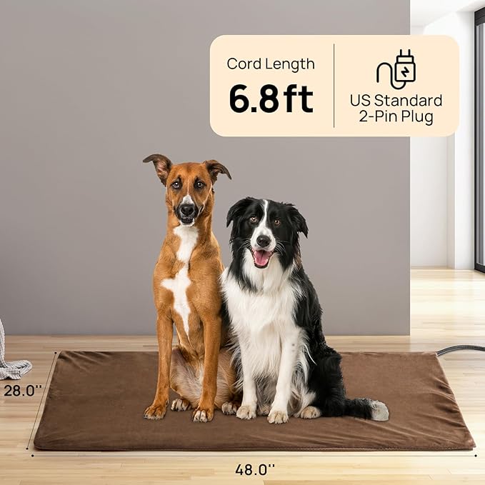 TURBRO 48x28โ XX-Large Pet Heating Pad, Electric Heated Dog Bed for Large Breeds, Temperature and Timer Control, Anti-Bite Cord, Ultra-Soft and Anti-Slip Cover, Indoor Use, MET Certified, Brown