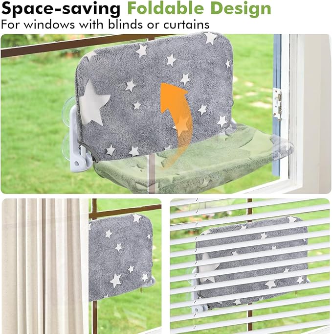 2PC Cat Window Perch, Glow in The Dark Cordless Foldable Pet Hammock Bed for Window with Sturdy Metal Frame, Stars Pattern Window Resting Seat for Indoor Cats (Stars Cat Bed, M-2PC)
