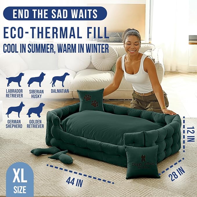 Luxury Dog Bed Chesterfield – Handcrafted Velvet Throne for Dogs | Joint Support, Calming & Temp-Regulating Comfort | Durable 5+ Years, Anti-Claw, Washable 100+ Times – XL, Green