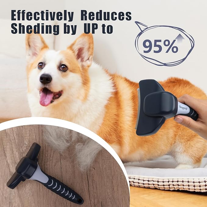 HOP Dog Deshedding Brush for Short Haired Dogs Cats Pets Professional Deshedding Tool Anti-Slip Handle & Detachable Head Highly Effective Deshedder Grooming Home of Paws(Dark Blue_M)