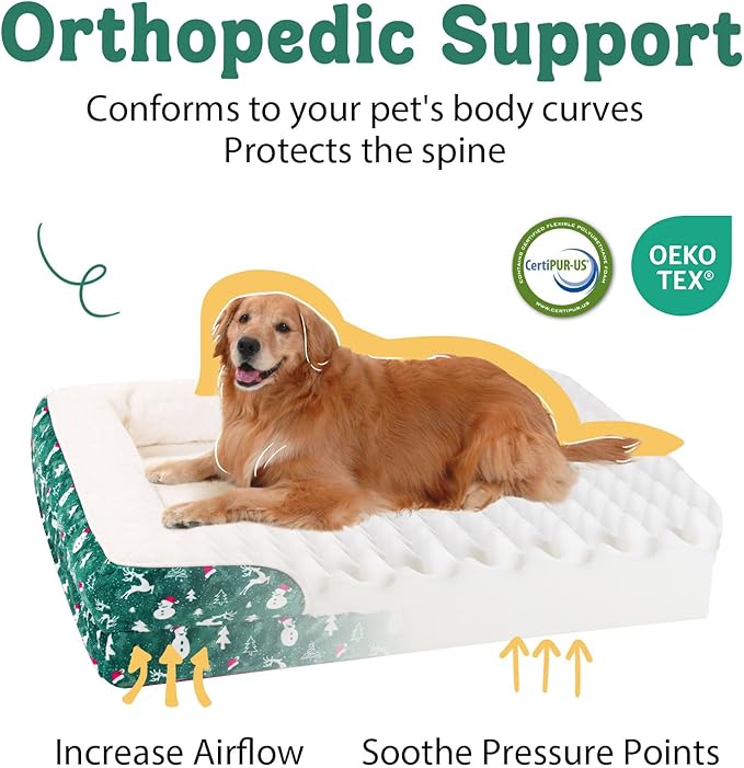 Christmas Washable Orthopedic Large Dog Bed - Removable Orthopedic Foam Pet Couches with Bolsters Waterproof Large Dog Bed and Non-Slip Bottom Extra Large Pet Sofa - Green