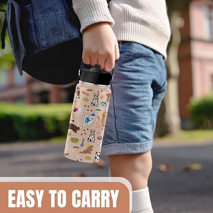 Dog Lovers Gifts, 16 oz Water Bottle with Straw Lid, Stainless Steel Insulated Tumbler, Cute Dogs Water Bottles Gifts for Birthday Christmas