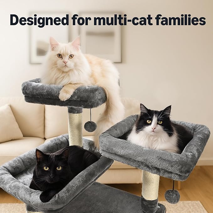 Amazon Basics 68-Inch Large Cat Tree Tower, Multi-Level Activity Center with 2 Large Condos, Multiple Sisal Scratching Posts and Hanging Pompoms, Gray