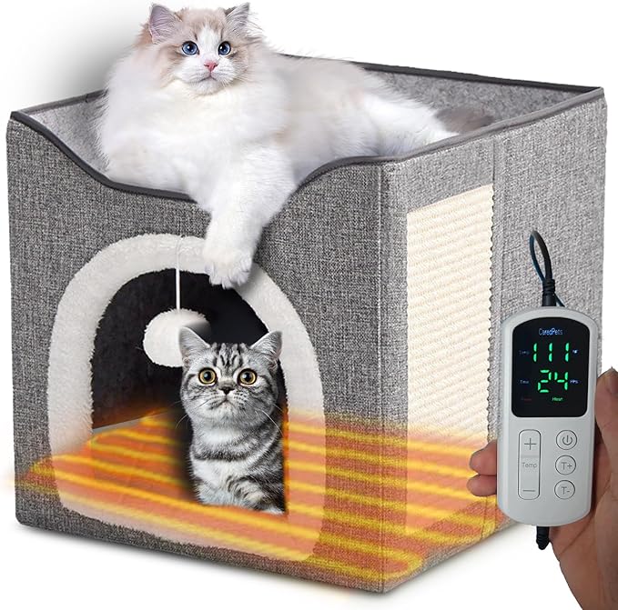 Heated Cat Bed Indoor w/ 12V Electric Heating Pad, Foldable Thermal Warming Heated Pet Bed House for Indoor Cats w/ Scratching Post, Covered Cat Cave Beds with Adjustable Temperature & Timer 16x16x15"