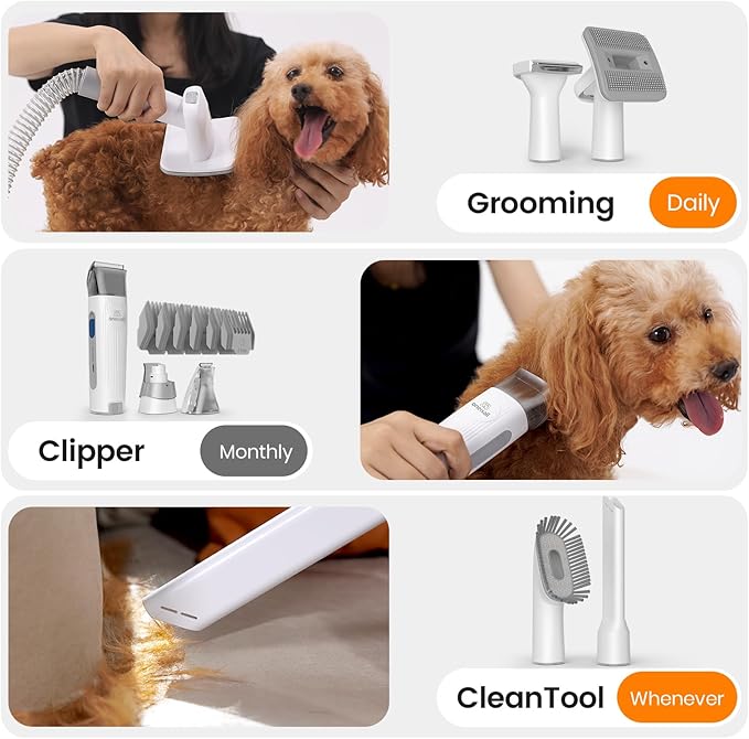 oneisall Dog Grooming Vacuum, Pet Grooming Vacuum with Clipper Nail Grinder, 1.5L Dust Cup Dog deshedding Vacuum Brush with 7 Pet Grooming Tools for Shedding Pet Hair, Home Cleaning(Grey)