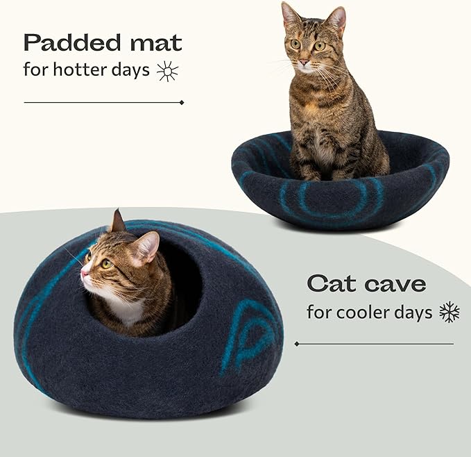 MEOWFIA Cat Cave – Premium Felt Cat Bed for Indoor Cats, Handmade 100% Merino Wool (Medium, Black Aqua)