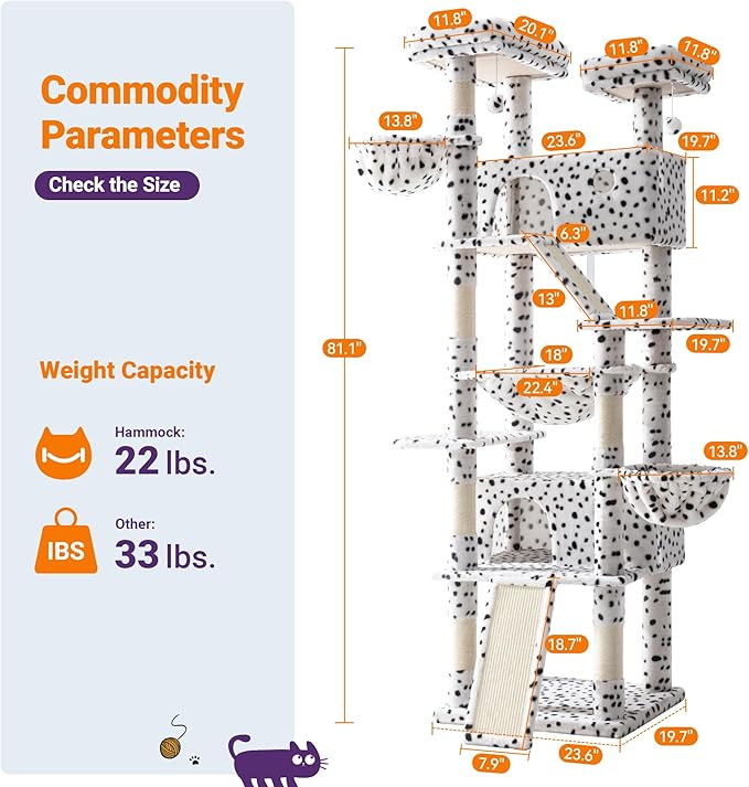Allewie 81 Inches Tall Cat Tree/Multi-Level Large Climbing Tree House and Towers for Big Feline/Condo and Hammock/Scratching Post/Wide Base/White & Black Spot