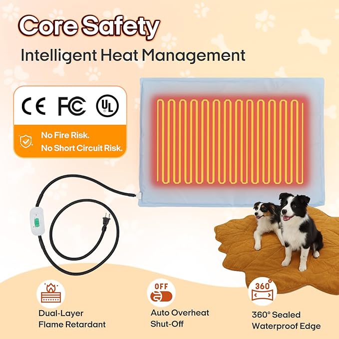 Yellow Leaf-Shaped Dog Heating pad (36"x26"), Pet Heating Pad for Dogs and Cats, Waterproof, Chew Resistant Cord, Adjustable Temperature, Machine Washable Cover,for Indoor/Outdoor Use