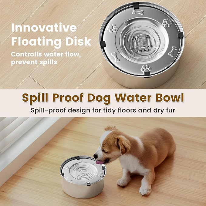 Dog Water Bowl No Spill,3L/101oz Stainless Steel Dog Water Bowl with Anti-Slip, Spill Proof Slobber Stopper No Drip Slow Drinking Dog Feeder for Sloppy Messy Drinkers