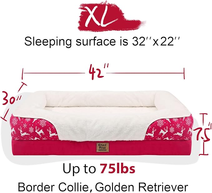 Christmas Washable Orthopedic Large Dog Bed - Removable Orthopedic Foam Pet Couches with Bolsters Waterproof Large Dog Bed and Non-Slip Bottom Extra Large Pet Sofa - Red