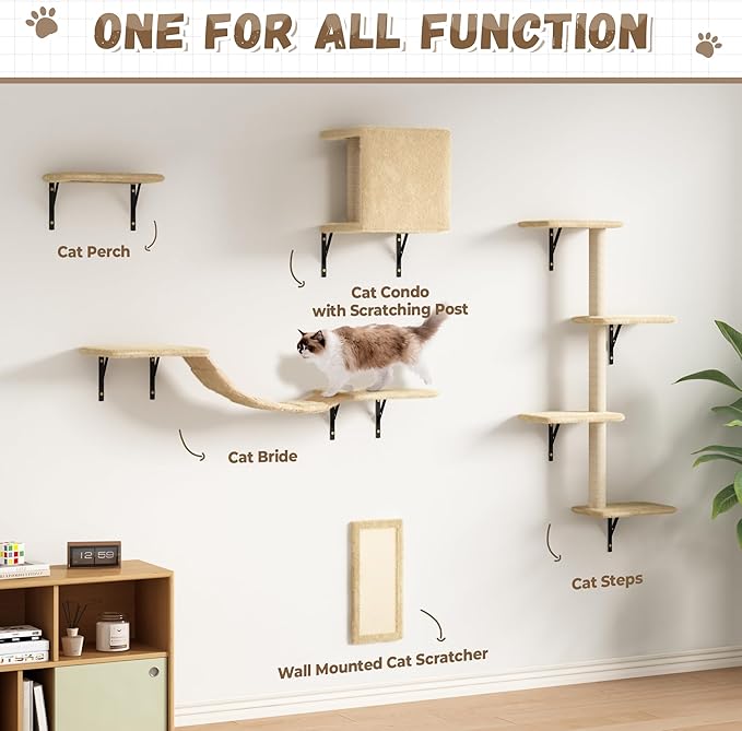 Cat Wall Shelves, Wall Mounted Cat Furniture, Cat Wall Cimber with Perches, Scratchers and Condo, Set of 5 (Beige)