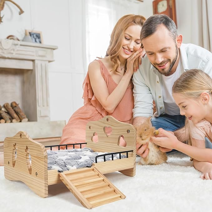 Wooden Rabbit Bed,Detachable Small Animal Bed,Wooden Guinea Pig Bed with Stairs and Washable Mat,Guinea Pig Toys for Rabbit Chinchillas Hamster Ferret(Small Rabbits & Bunny Only) 16.5 * 11 * 3.9inch