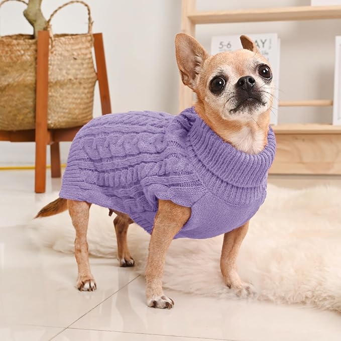 2 Pack Dog Sweaters for Small Dogs Turtleneck Pullover Cable Knit Puppy Stretch Clothes Chihuahua Yorkie Pomeranian Toy Poodle Boy Girl Pets Winter Doggie Clothes (S, Pink & Purple)