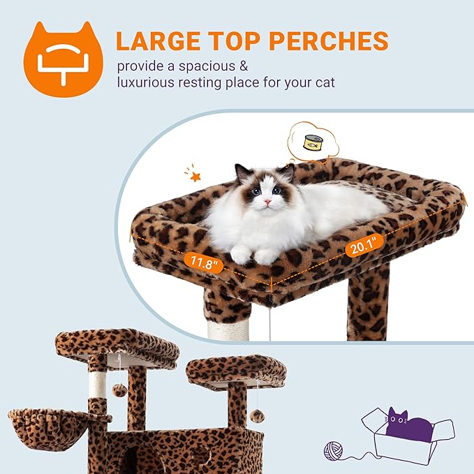 Allewie 81 Inches Tall Cat Tree/Multi-Level Large Climbing Tree House and Towers for Big Feline/Condo and Hammock/Scratching Post/Wide Base/Leopard Print