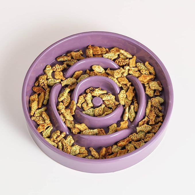 8.66 in Purple Dog Feeder Ceramic for Medium & Large Breeds, Slow Feeding Dog Food & Water Dish, Puzzle Slow Eating Bowl Modern Maze