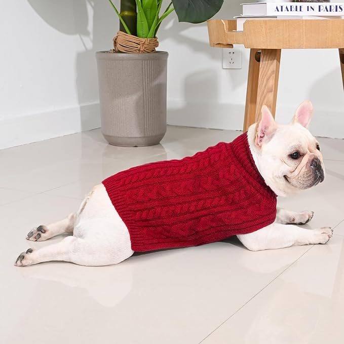 2 Pack Dog Sweaters for Medium Dogs Turtleneck Pullover Cable Knit Stretch Clothes French Bulldog Dachshund Boston Terrier Corgi Beagle Pug Boy Girl Pets Winter Clothes (L, Red & Green)