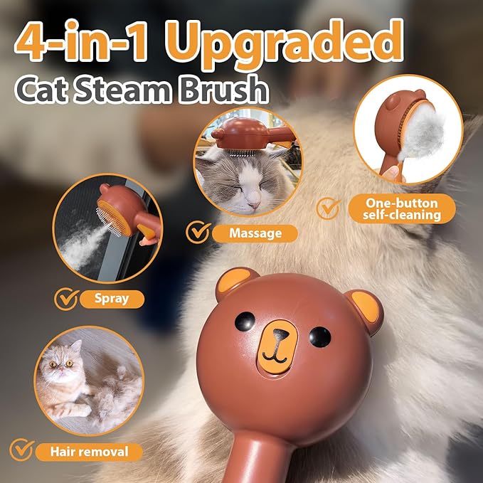 Cat Steam Brush with 2 Spray Levels & Release Button, 4-in-1 IPX7 Waterproof Water Brush for Shedding Grooming, Pet Hair Removal Comb for Long Short Haired Cats Dogs, Self Cleaning Slicker